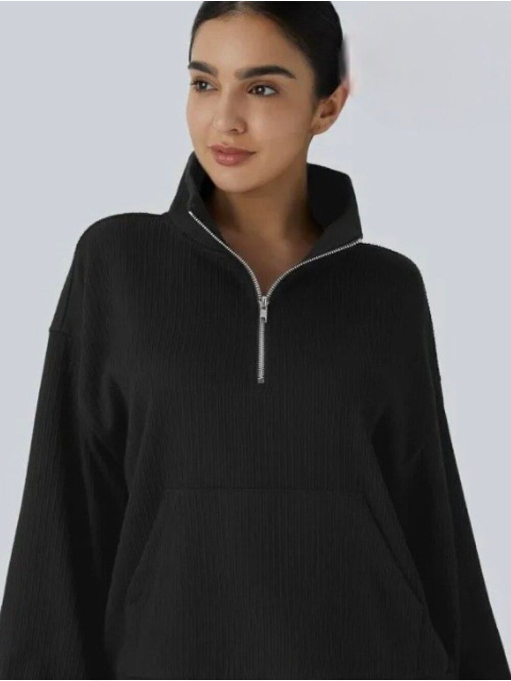 Halara Black Ribbed Stand Collar Half Zip Sweatshirt with Kangaroo Pocket XS NWT